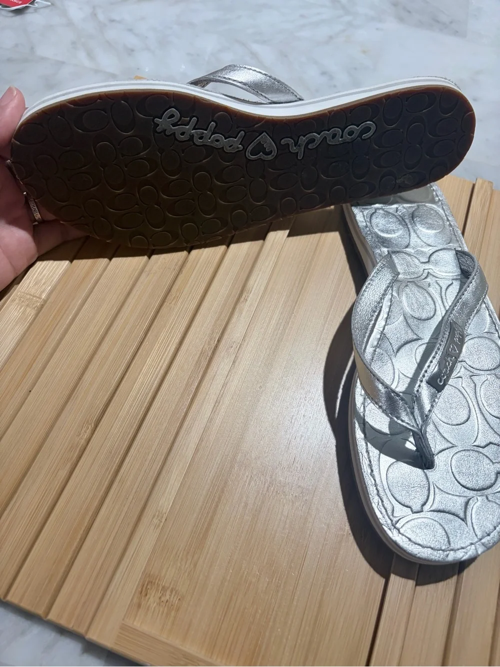Coach Metallic Silver Signature Flip Flop Sandals